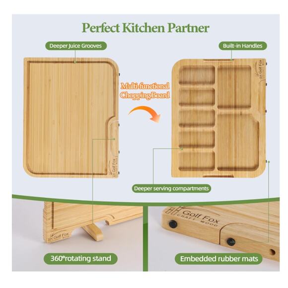 4-PCS Bamboo Cutting Board Set, Stand, Juice Groove & Handle, Double Sided - Picture 3 of 7